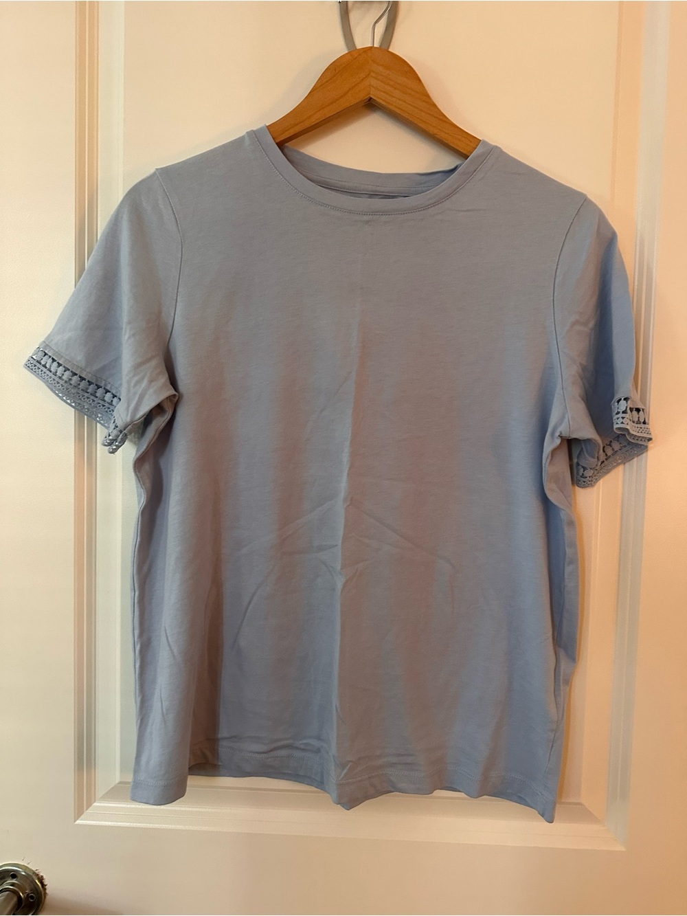 Simons Pale Blue Short Sleeve Tee with Crochet Sleeve Trim